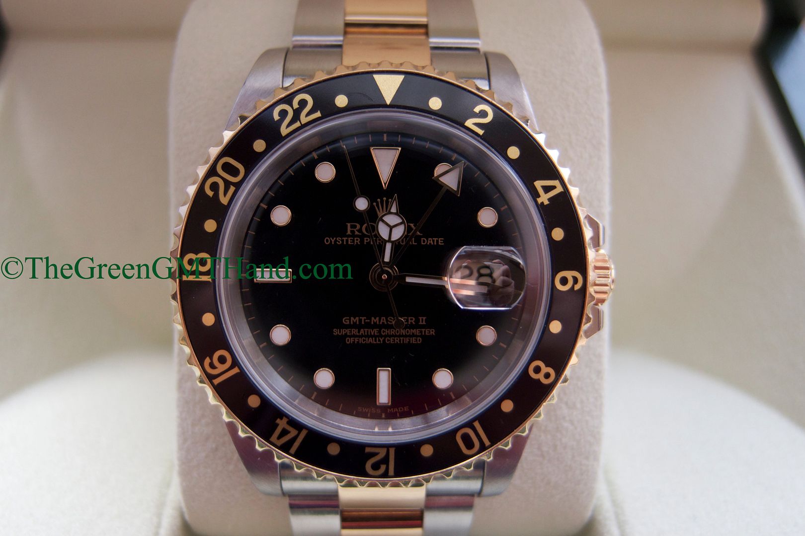 Rolex For Sale-Rolex 16713 GMT Master II Black Bezel Black Dial 3185 Movement Two Tone Steel and Yellow Gold P Serial Preowned-Rolex Watches For Sale Online