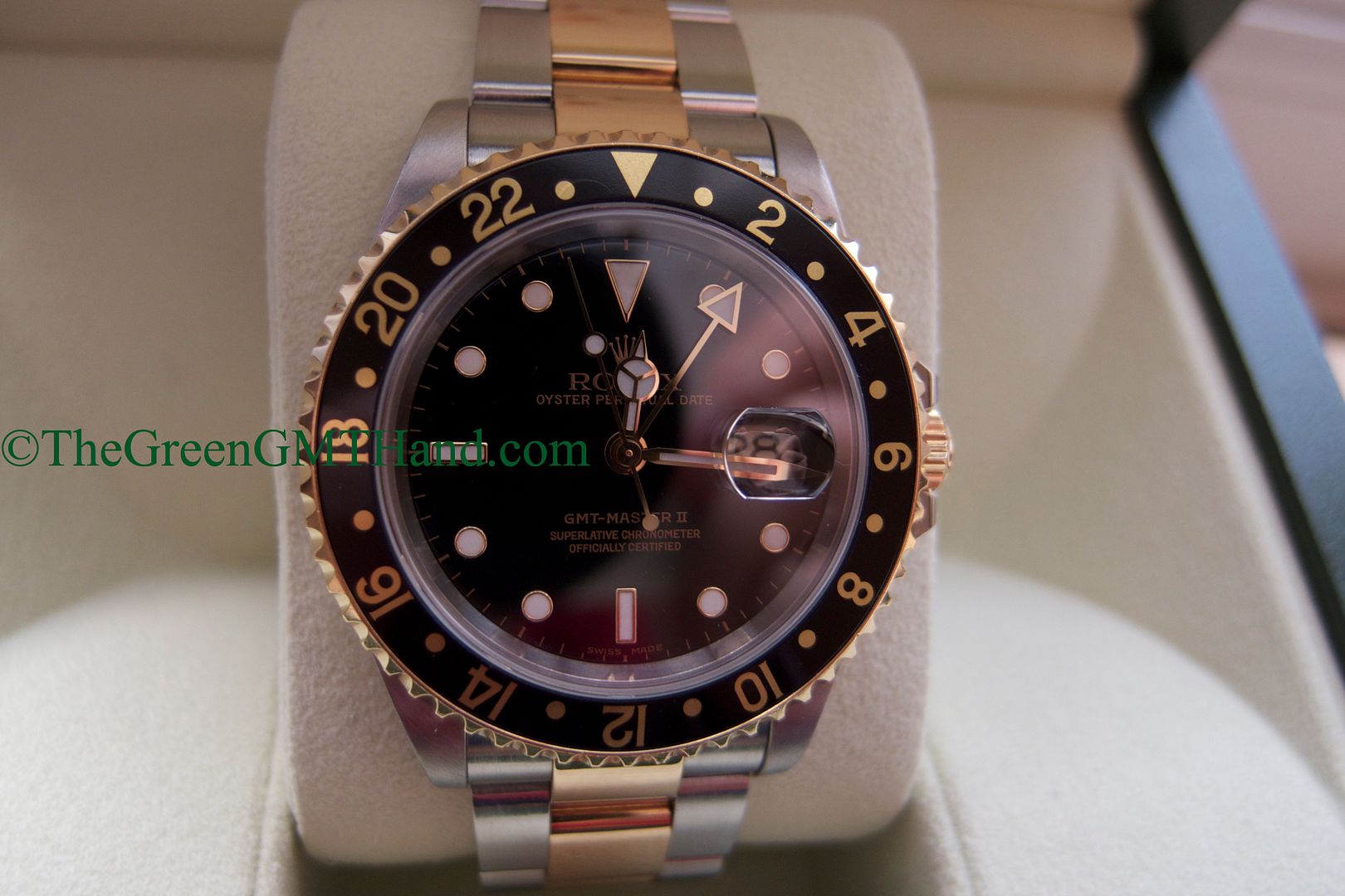 Rolex For Sale-Rolex 16713 GMT Master II Black Bezel Black Dial 3185 Movement Two Tone Steel and Yellow Gold P Serial Preowned-Rolex Watches For Sale Online