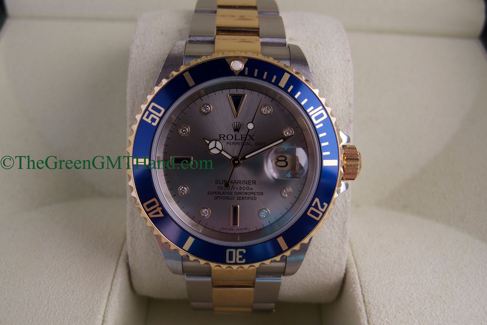 Rolex For Sale-Rolex 16613 Submariner Two Tone Steel and Yellow Gold Slate Serti Diamonds and Rubies Dial D Serial Preowned-Rolex Watches For Sale Online