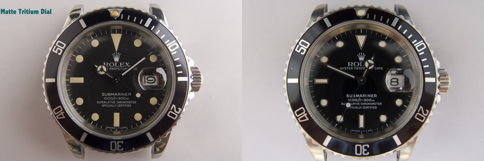 Rolex matte dial vs gloss dial: 16800 compared to 16610 gloss