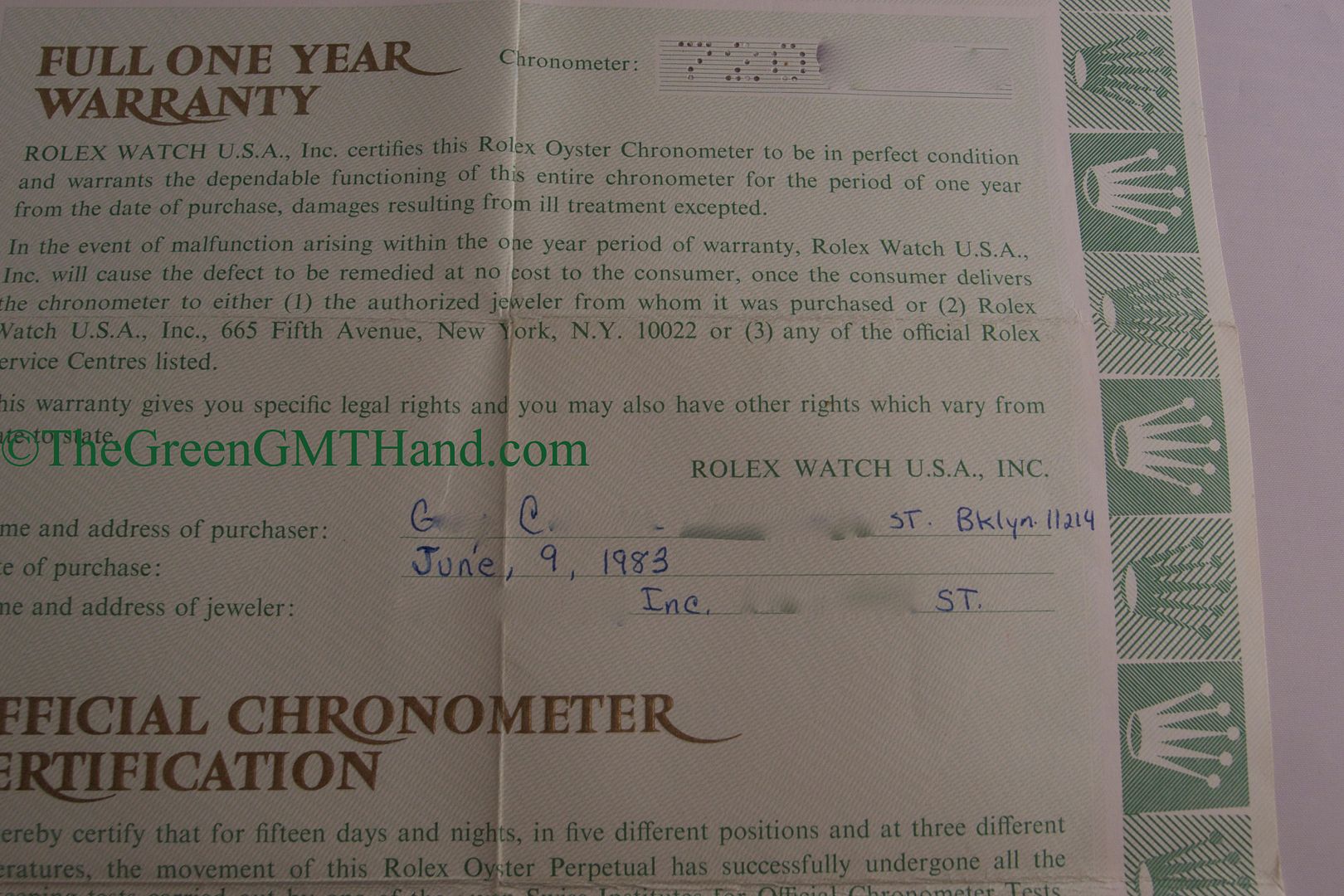  Front of Rolex Warranty Certificate For 1983 Rolex 16800 Submariner Matte Dial