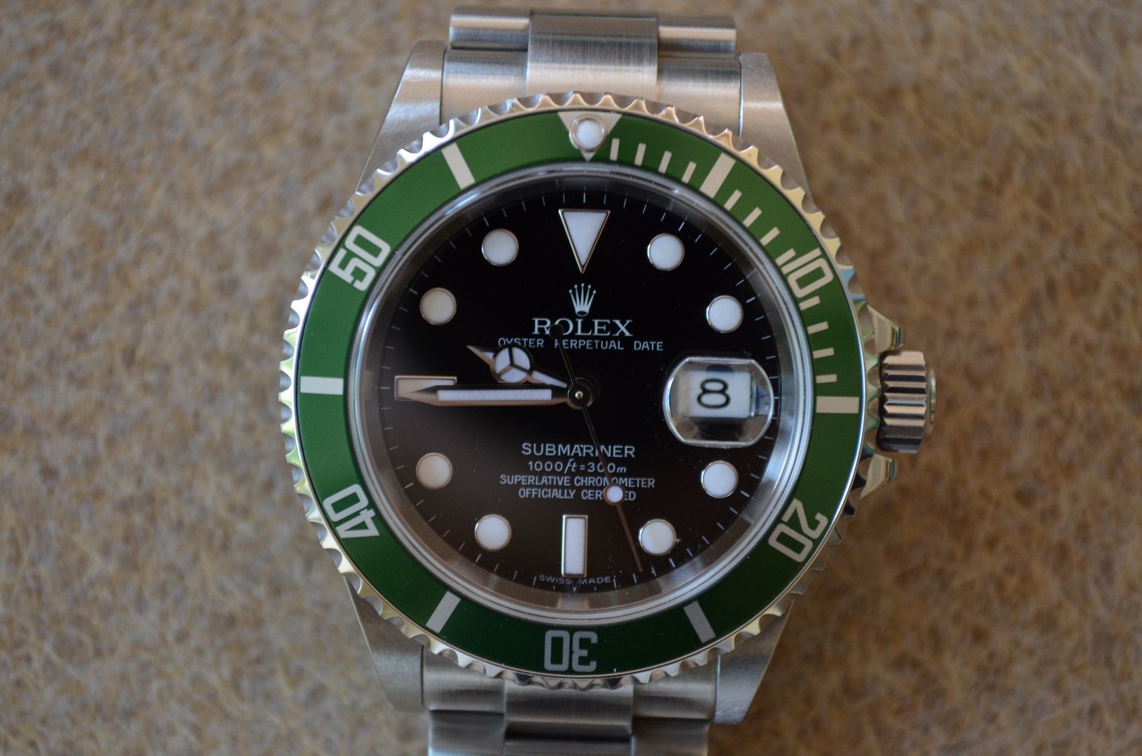  Straight On Dial Shot Picture of A Rolex 16610LV 50th Anniversary Green Submariner