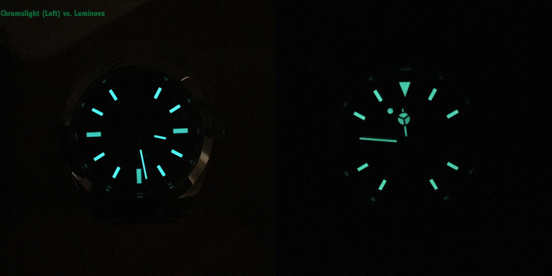 Rolex blue chromalight lume vs. green luminova lume
