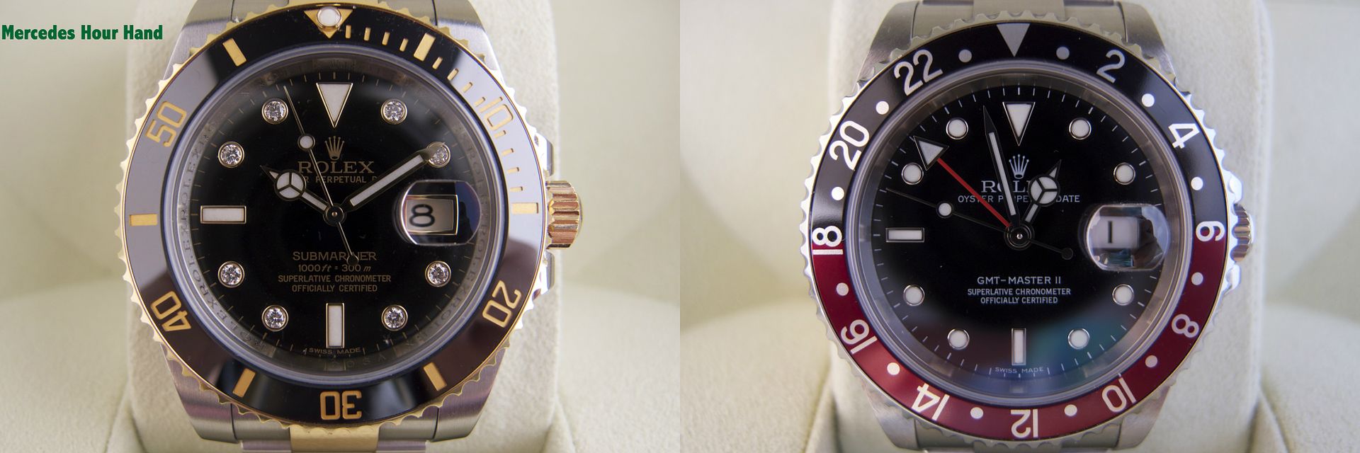  Example of Rolex Mercedes hour hand on Rolex Submariner and Rolex GMT Master II