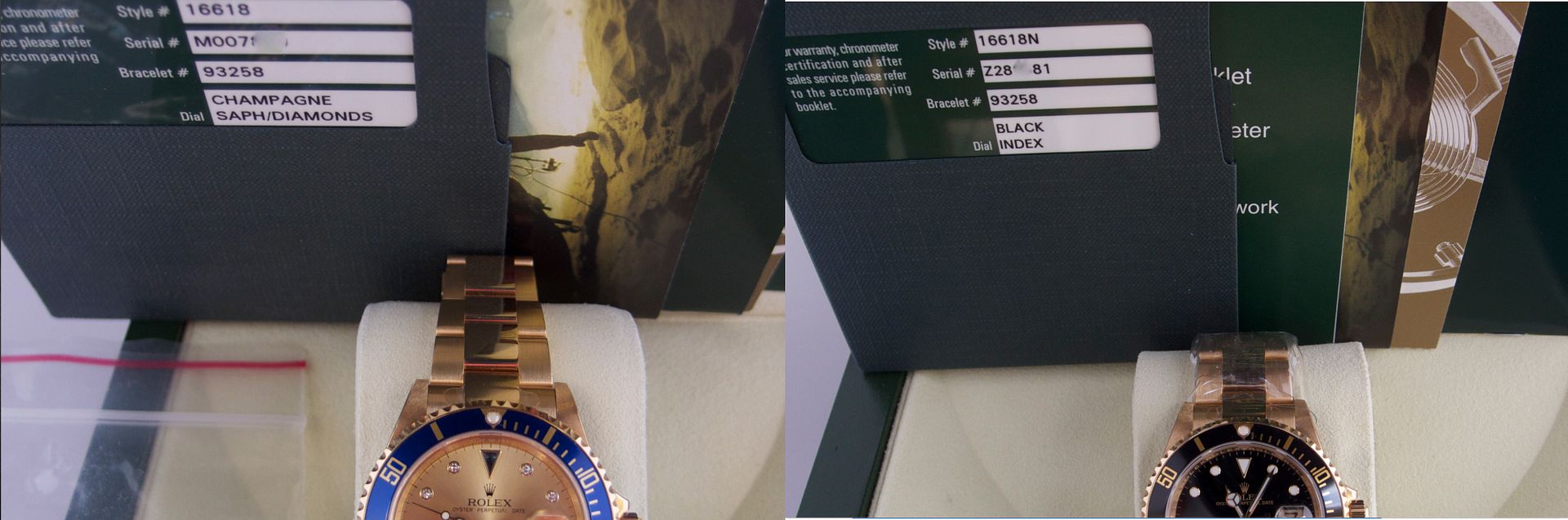 Rolex warranty cards that indicate correct factory dials