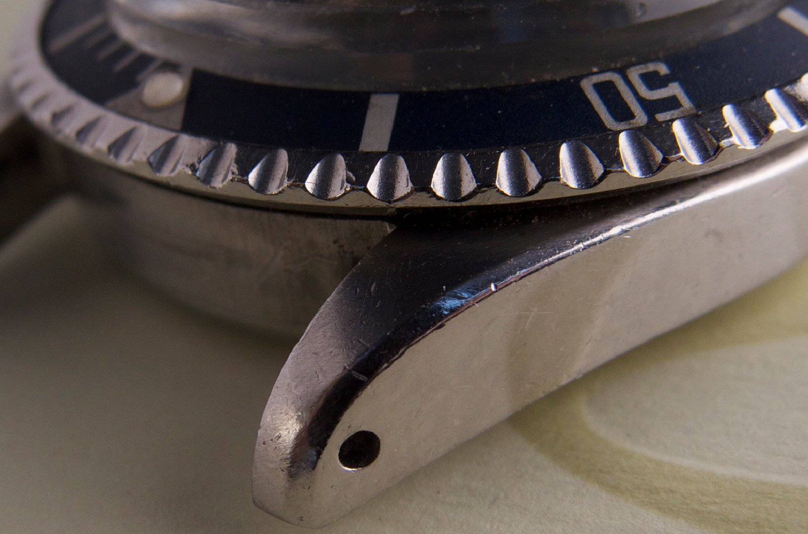 factory chamfer on Rolex Tudor Snowflake blue dial