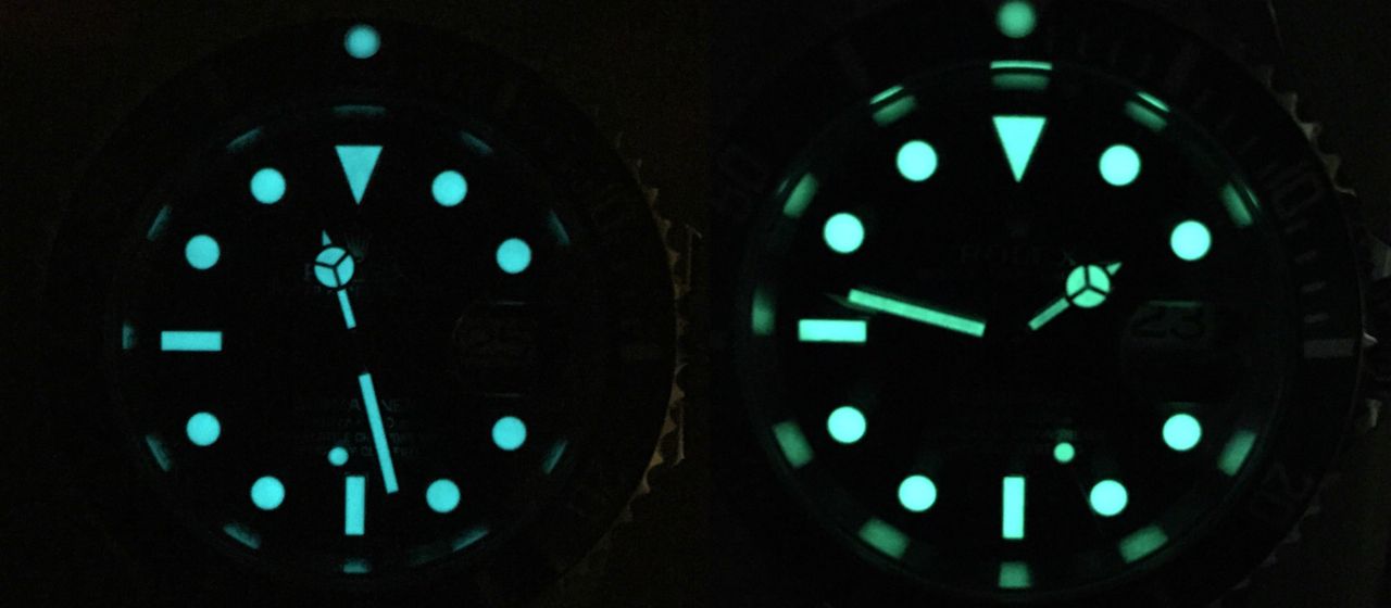 chromalight on a Rolex 116610 ceramic Submariner and luminova on a Rolex 16610LV 50th anniversary Submariner