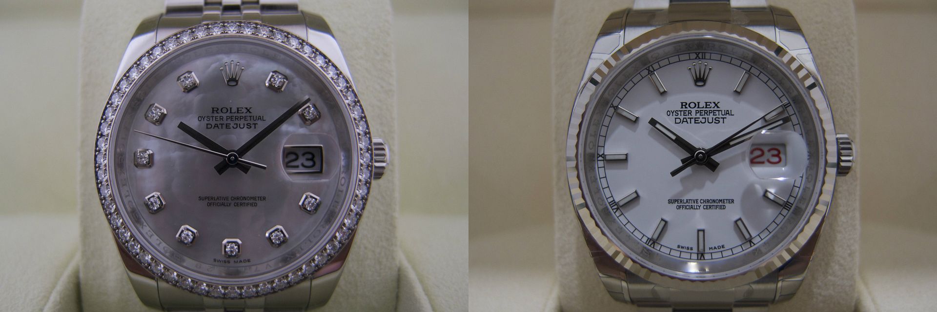 Rolex all black date wheel on 116244 Datejust and roulette date wheel on 116234 Datejust
