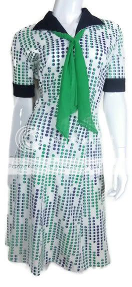 Vintage Sailor Style Dress Size 16 Green Blue Polka Dots Green Scarf 