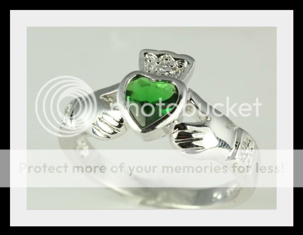 Emerald Heart Sterling Silver Claddagh Celtic CZ Ring  
